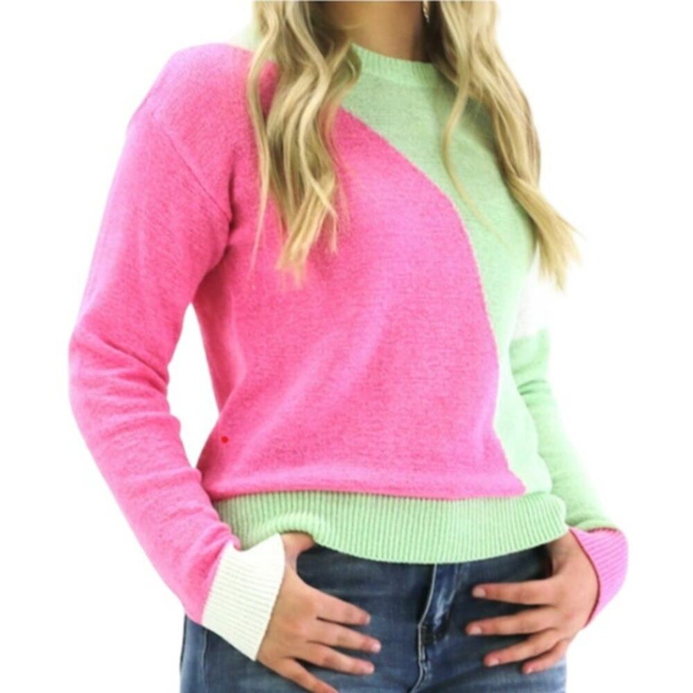NWT Kori Womens Crew Neck All Color Block Sweater Pink Multicolor Soft Knit L